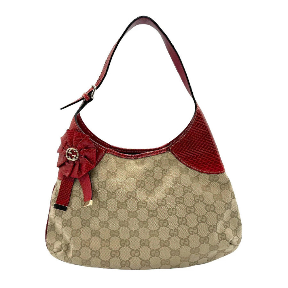 Gucci GG Canvas Python Shoulder Bag Beige Red